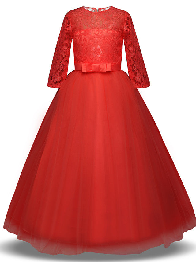 Half Sleeve Jewel Long Length Flower Girl Dress with Lace Tulle and Lace Belt Bow