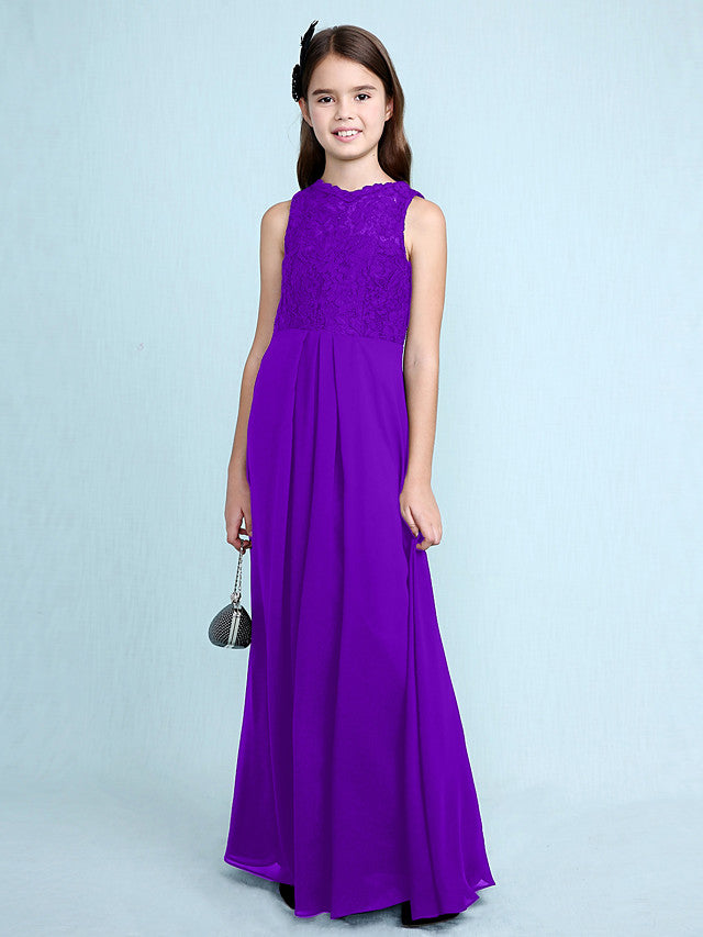 Sheath Column Scoop Neck Floor Length Chiffon & Lace Junior Bridesmaid Dress