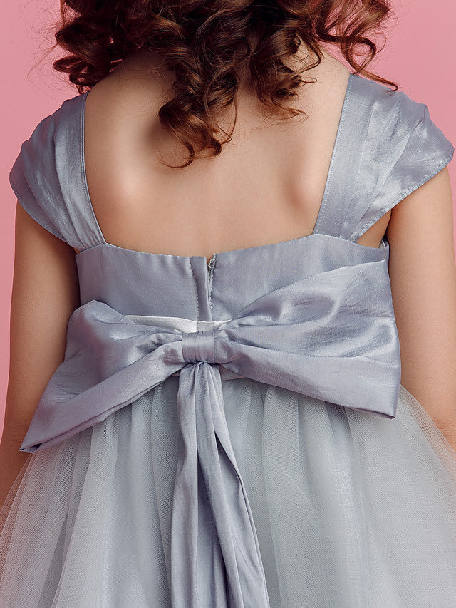 Short Sleeve Square Neck Ball Gown Pageant Dress with Taffeta Tulle Sash Ribbon & Bow