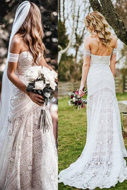 Beautiful Off-the-Shoulder Boho Lace Mermaid Wedding Dress