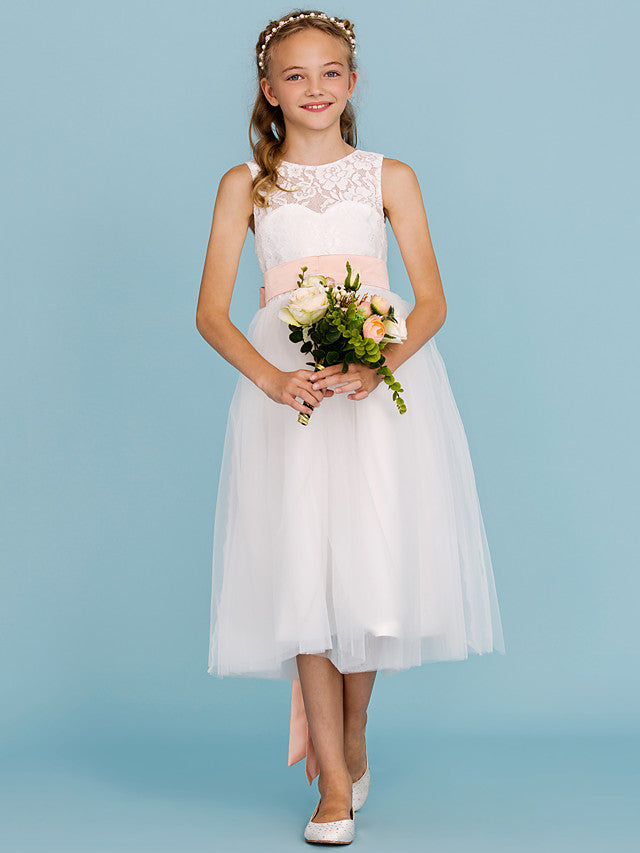 A-Line Crew Neck Tea Length Lace & Tulle Junior Bridesmaid Dress w/ Sash Ribbon Pleats for Weddings & Parties Open Back & See Through Design