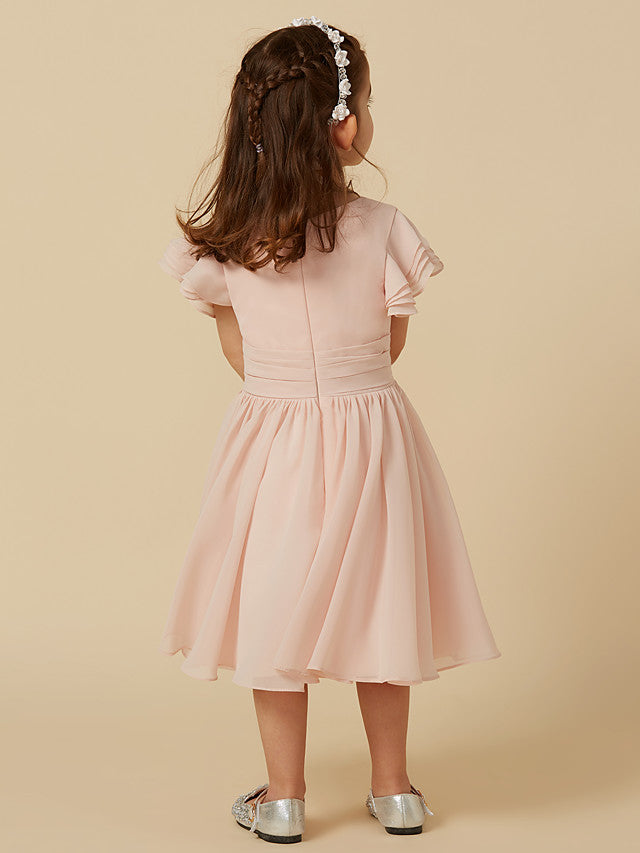 Short Sleeve A-Line Tea Length Flower Girl Dress with Sash
