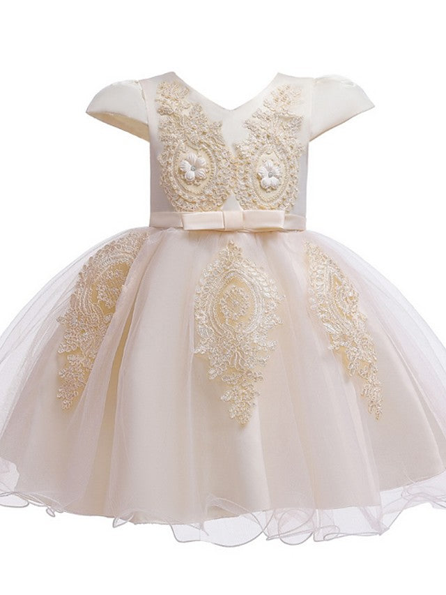 Short Sleeve V Neck Flower Girl Dresses with Tulle Sash Ribbon and Bow Appliques