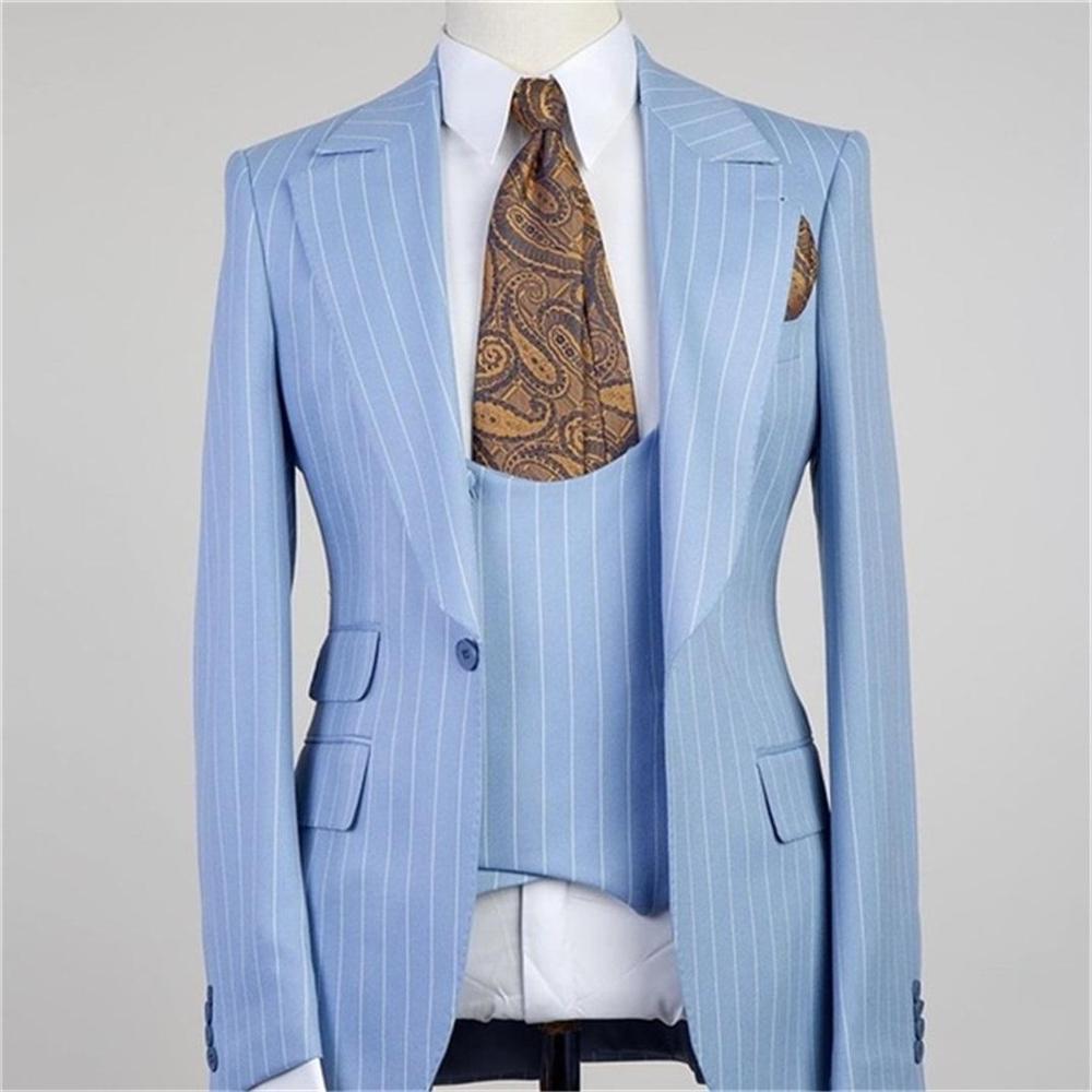 Gorgeous 3 Pieces Blue With Stripe Groomsmen Tuxedos Peaked Lapel