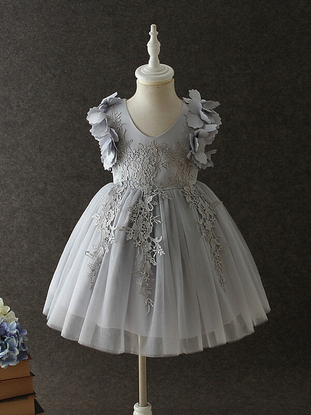A-Line Long Sleeve Sleeveless V Neck Flower Girl Dress in Organza Tulle and Cotton with Solid Tiered Design
