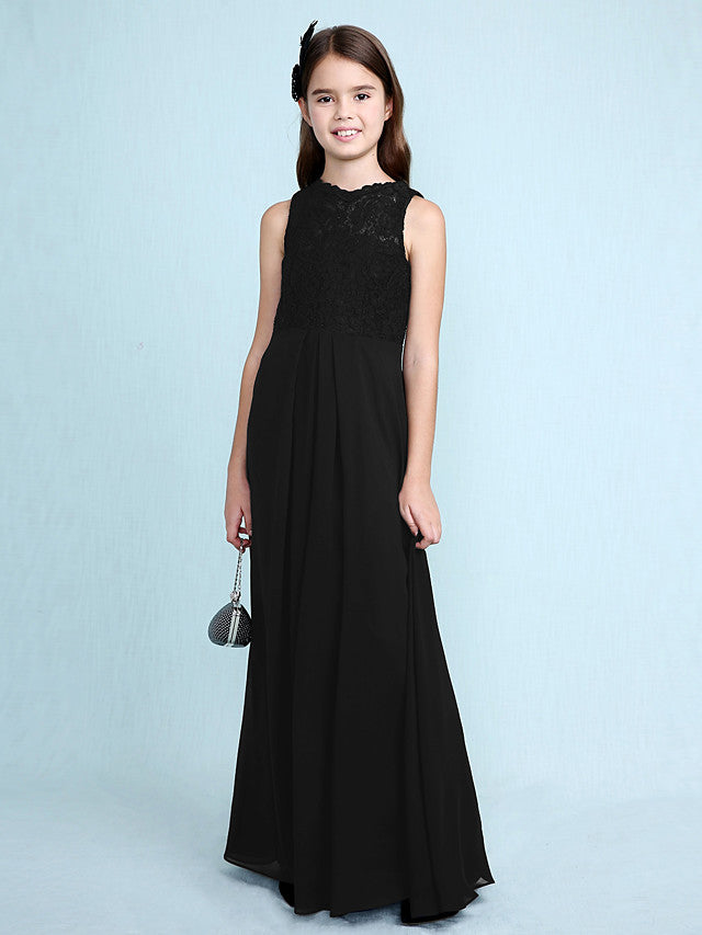Sheath Column Scoop Neck Floor Length Chiffon & Lace Junior Bridesmaid Dress
