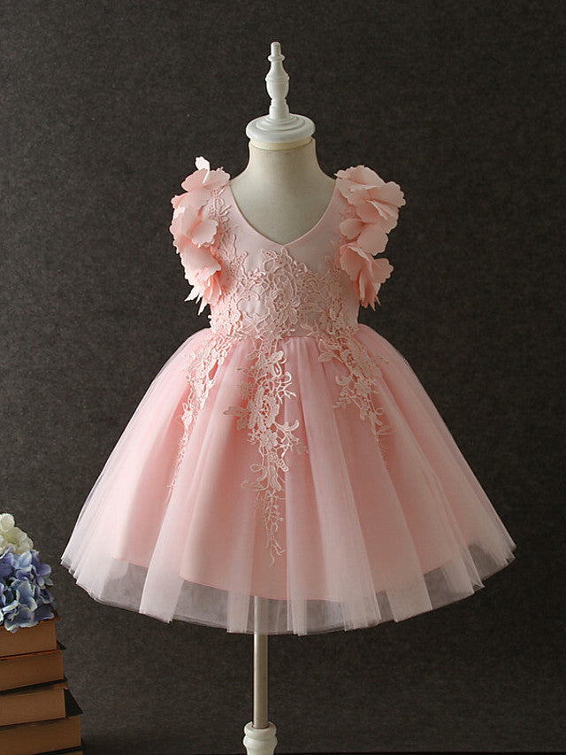 A-Line Long Sleeve Sleeveless V Neck Flower Girl Dress in Organza Tulle and Cotton with Solid Tiered Design