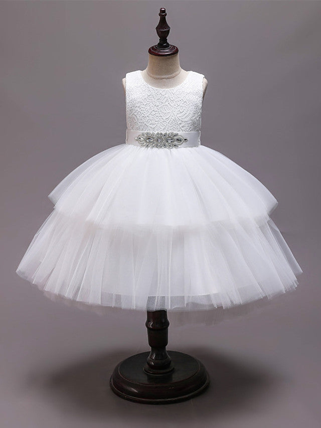 Asymmetrical Jewel Flower Girl Dress with Sleeveless Tulle and Belt - Crystals and Rhinestones