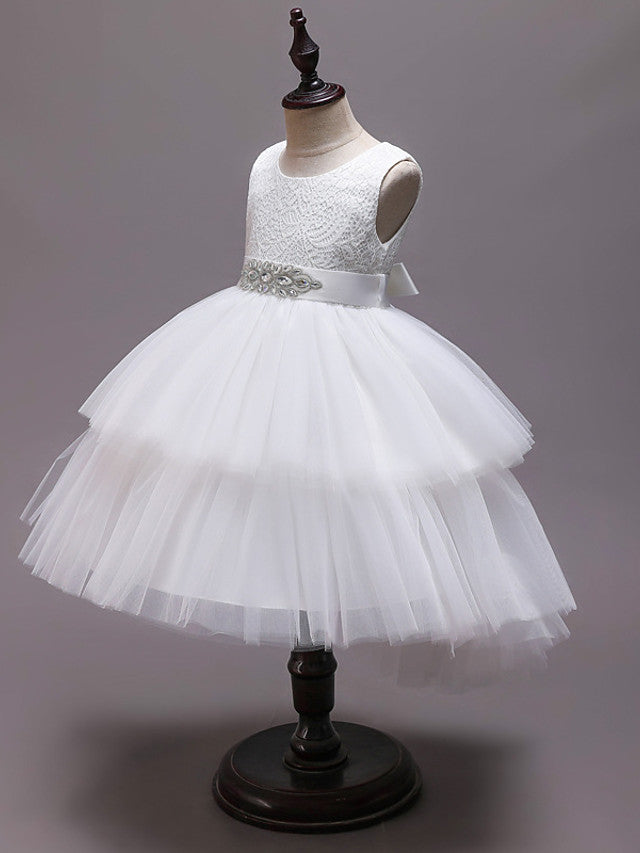 Asymmetrical Jewel Flower Girl Dress with Sleeveless Tulle and Belt - Crystals and Rhinestones
