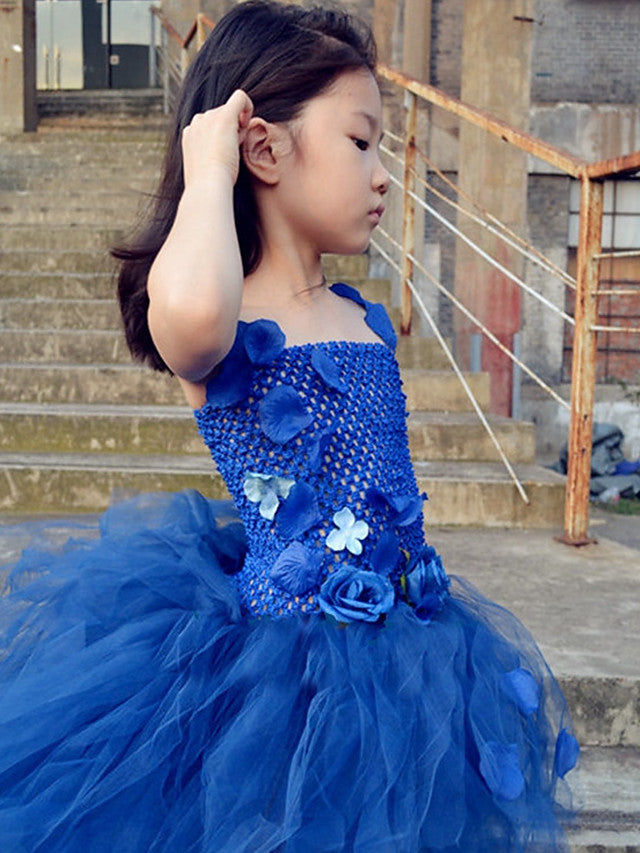 Beautiful Ball Gown Asymmetrical Flower Girl Dress with Tulle Stretch Satin and Handmade Flower