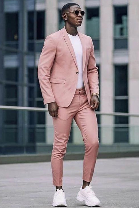 Pink 2 Piece Prince Suit with Flap Pockets & Notched Lapel for Groom