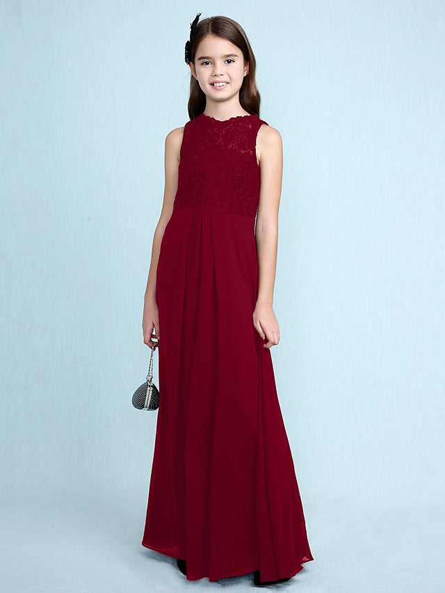 Sheath Column Scoop Neck Floor Length Chiffon & Lace Junior Bridesmaid Dress