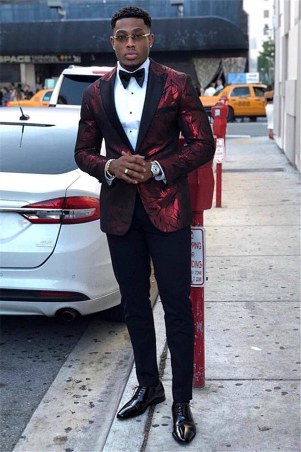 Shining Burgundy Prom Suit For Man With Peaked Lapel Dinner Formal Bespoke