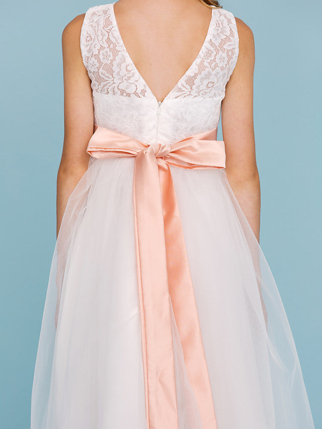 A-Line Crew Neck Tea Length Lace & Tulle Junior Bridesmaid Dress w/ Sash Ribbon Pleats for Weddings & Parties Open Back & See Through Design