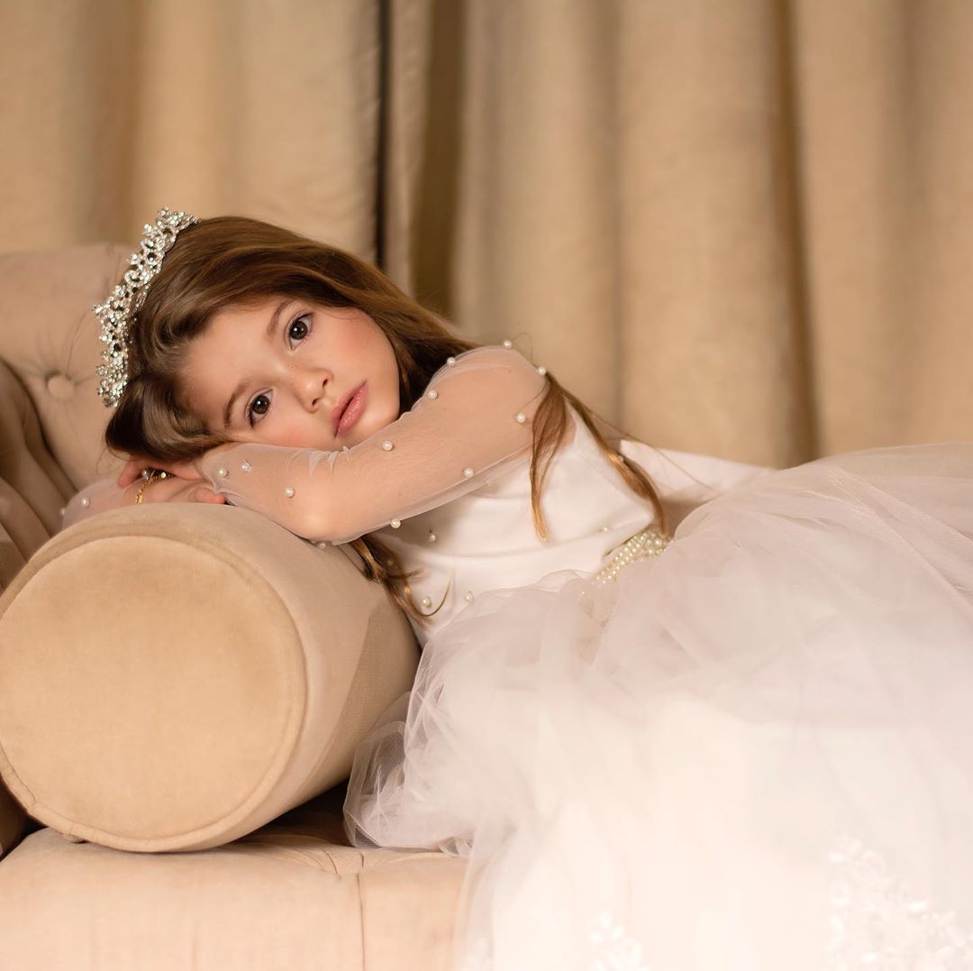 A-line Bateau Long Sleeve Flower Girl Dress with Tulle Appliques and Pearls