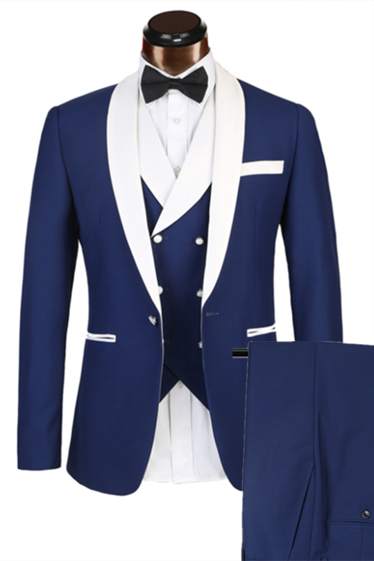 Elegant Blue Men's Suit for Weddings - 3 Piece White Lapel Edge Banding