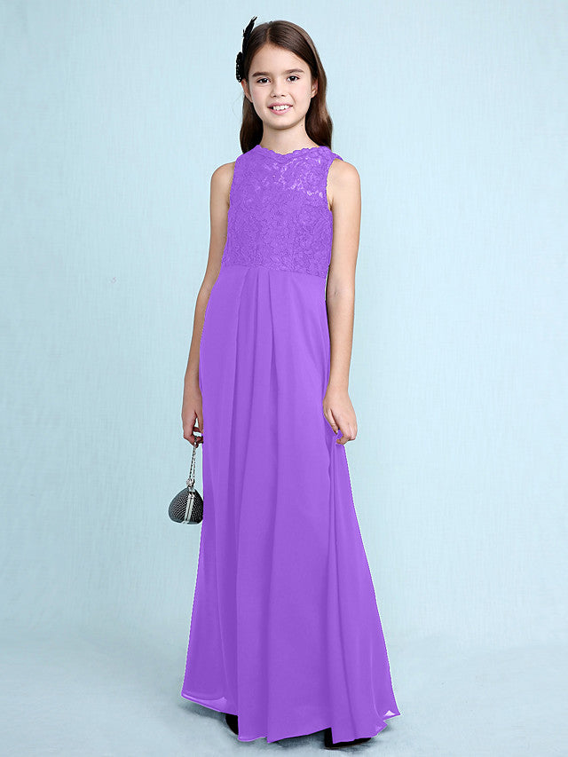 Sheath Column Scoop Neck Floor Length Chiffon & Lace Junior Bridesmaid Dress