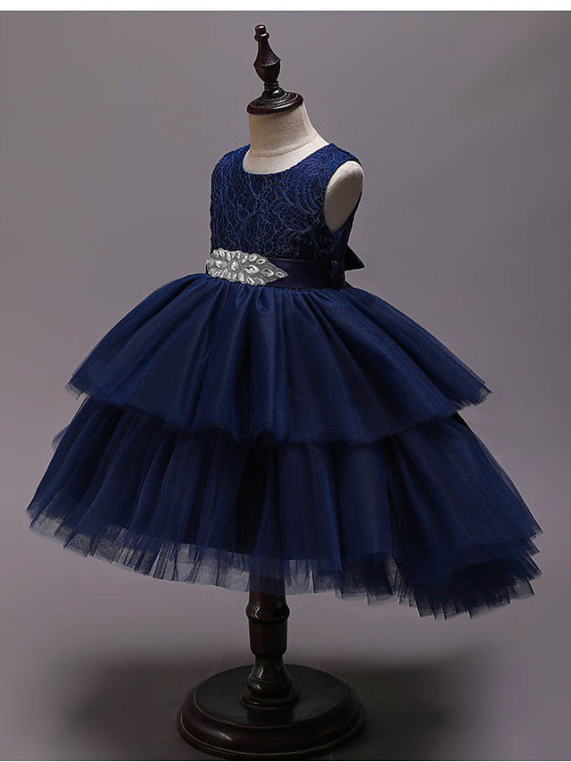 Asymmetrical Jewel Flower Girl Dress with Sleeveless Tulle and Belt - Crystals and Rhinestones