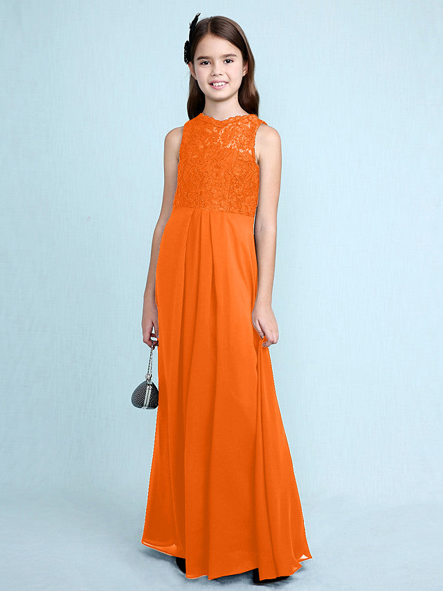 Sheath Column Scoop Neck Floor Length Chiffon & Lace Junior Bridesmaid Dress