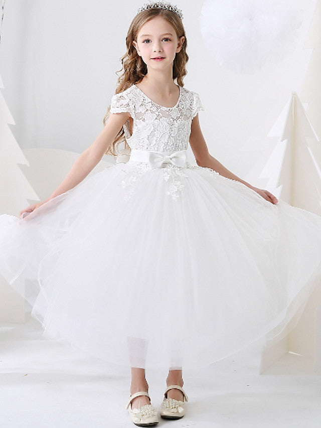 Ankle Length Flower Girl Dress with Bow Appliques