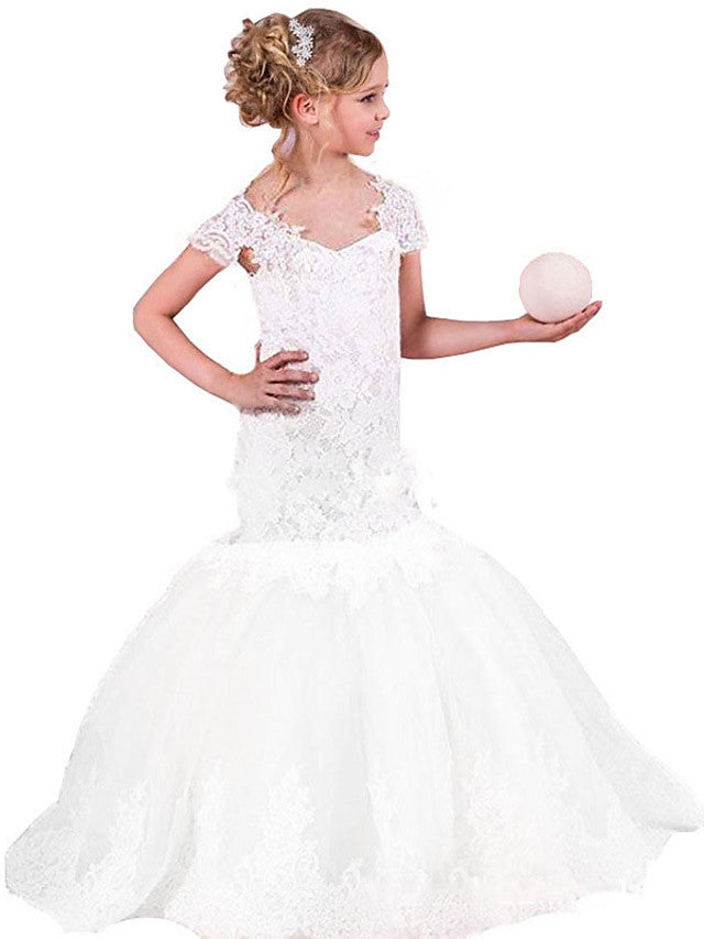 Lace Tulle Cap Sleeve Boat Neck Flower Girl Dress with Appliques Splicing