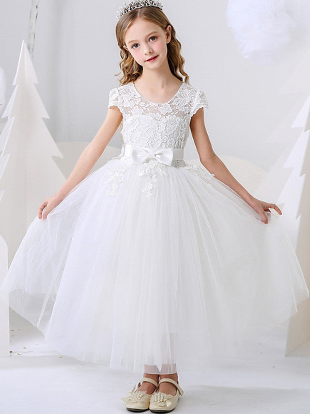 Ankle Length Flower Girl Dress with Bow Appliques