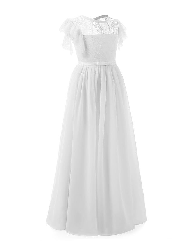 Short Sleeve Jewel Neck Flower Girl Dress with Lace and Butterfly