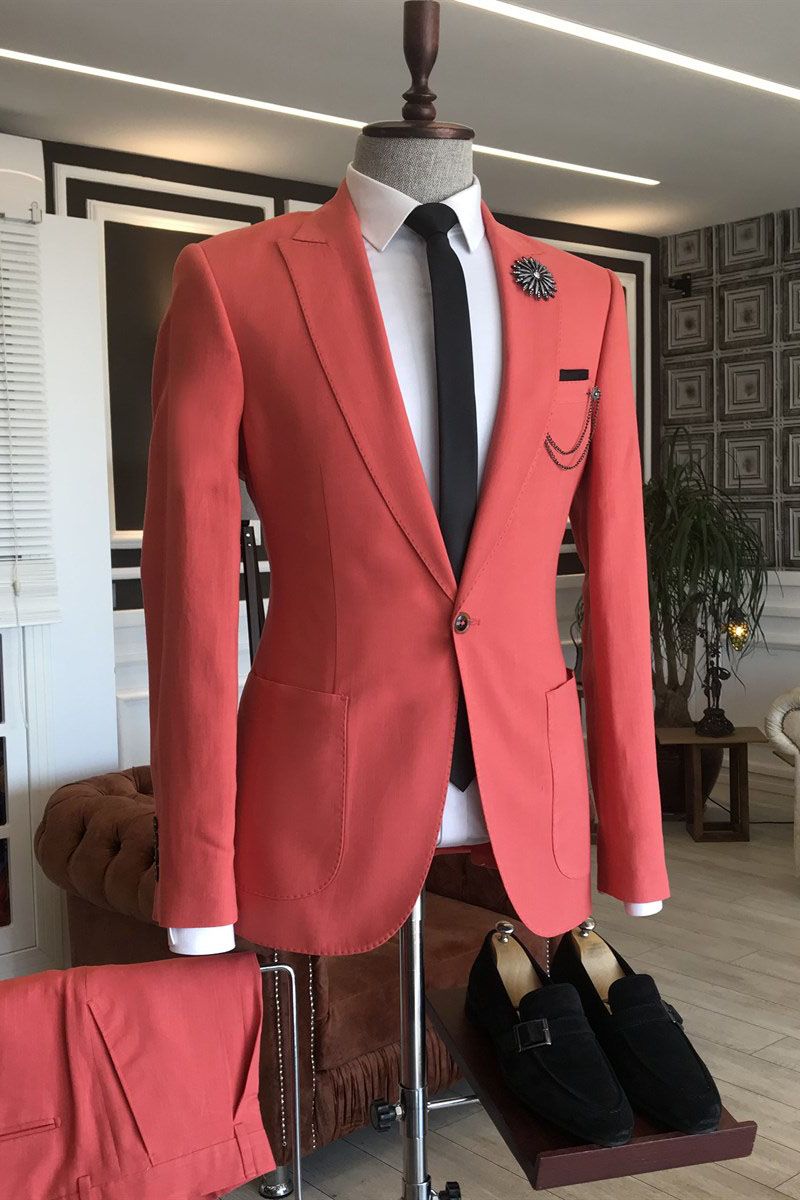 Simple Red Peaked Lapel Blazer Suit With 2 Flaps for Marriage