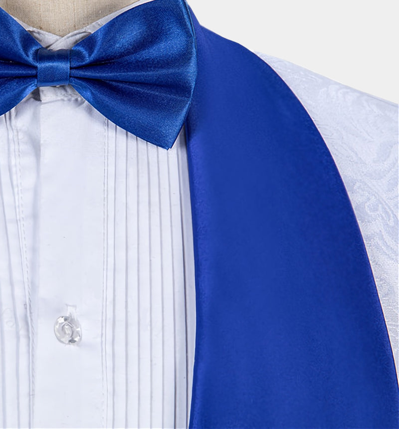 Cool White Jacquard Wedding Tuxedo with Blue Shawl Lapel