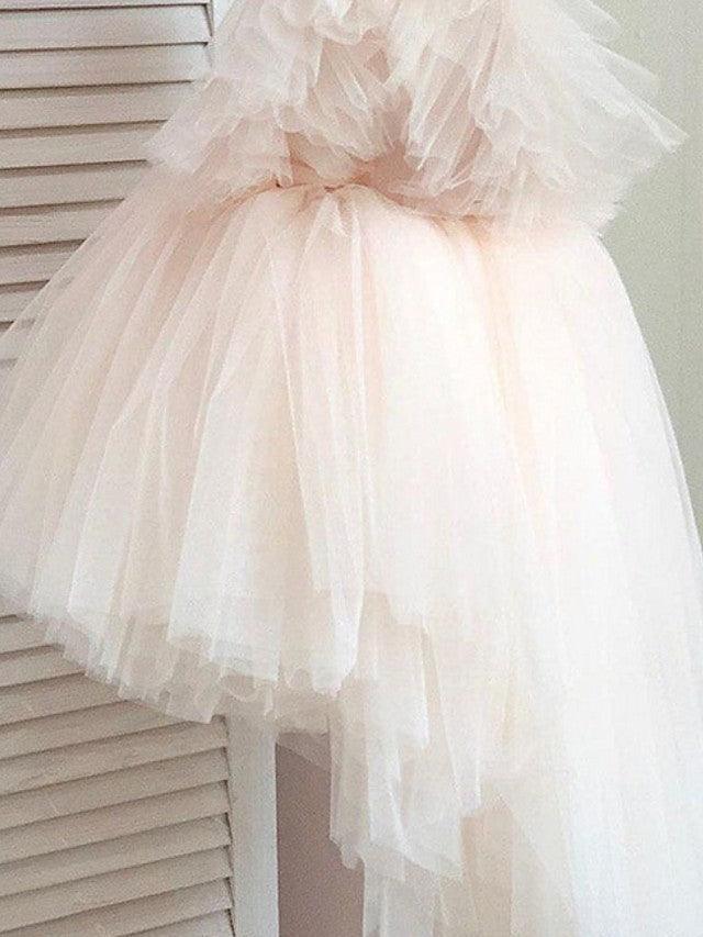 V Neck Ball Gown Knee Length Flower Girl Dress with Tulle and Tier Appliques