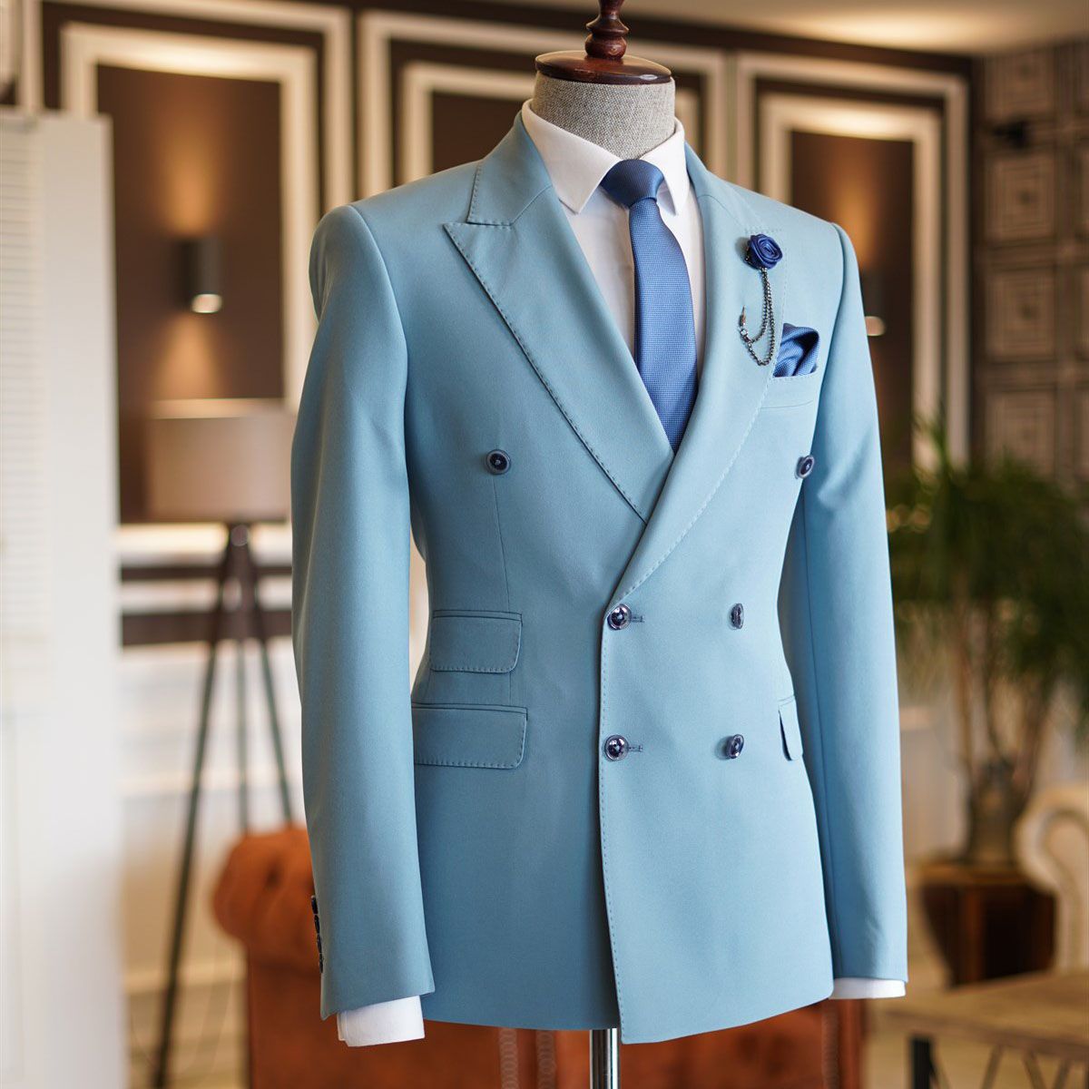 Sky Blue Double Breasted Groom Suit with Peaked Lapel