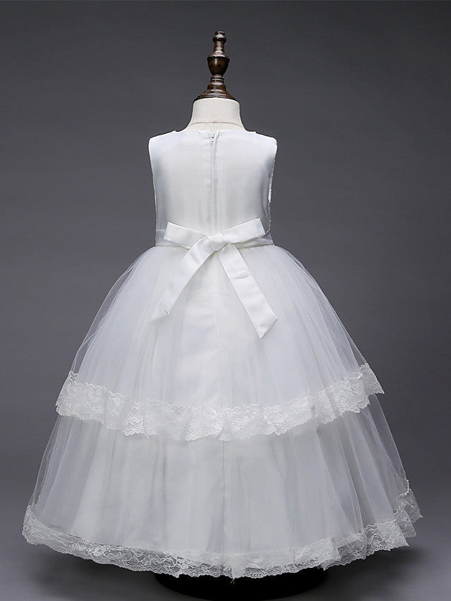 Lace Tulle Polyester Sleeveless Jewel Floor Length Flower Girl Dress With Pearls and Appliques