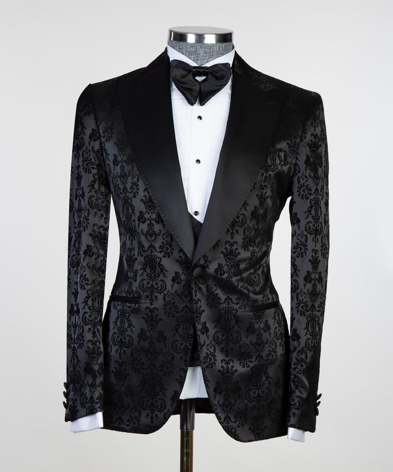 Edward Bespoke Men Suits - Black Jacquard Peaked Lapel Three Pieces