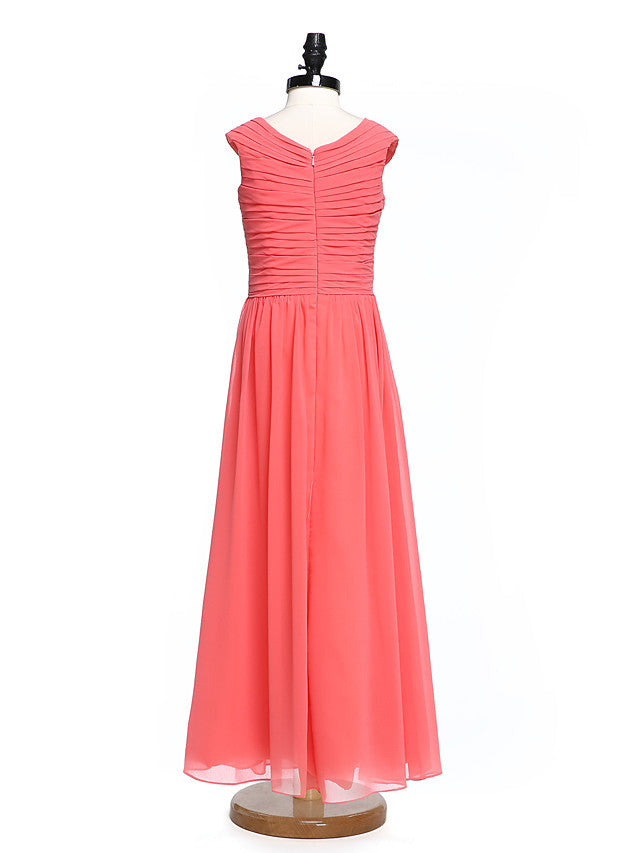 A-Line V Neck Floor Length Chiffon Flower Girl Dress with Criss Cross Ruched Natural