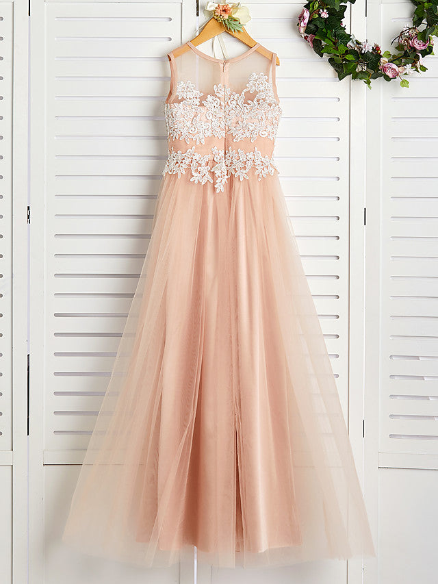 A-Line Jewel Neck Brush Train Flower Girl Dress with Lace Tulle and Appliques