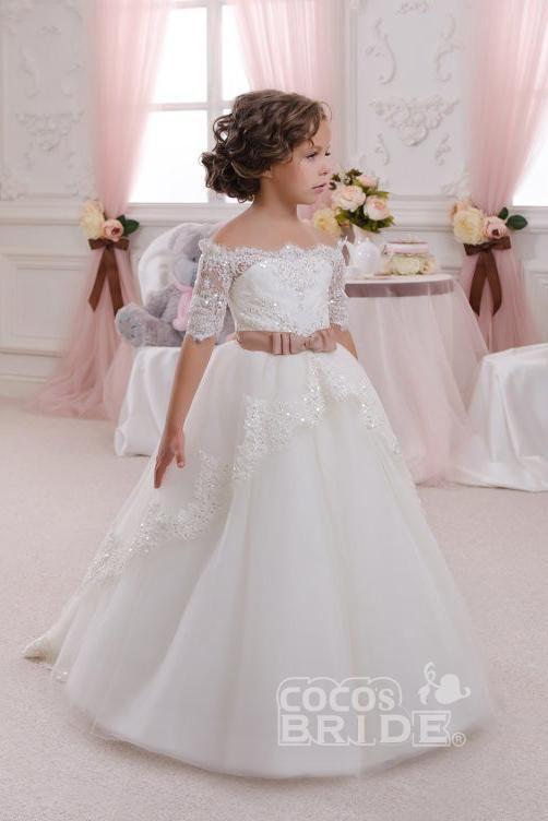 Gorgeous White Ball Gown for Girls with 1/2 Sleeves and Lace Detail