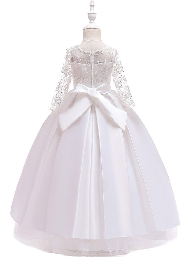 A-Line 3/4 Length Sleeve Jewel Neck Cotton Lace Ball Gown Flower Girl Dresses With Lace Sash Ribbon Pleats