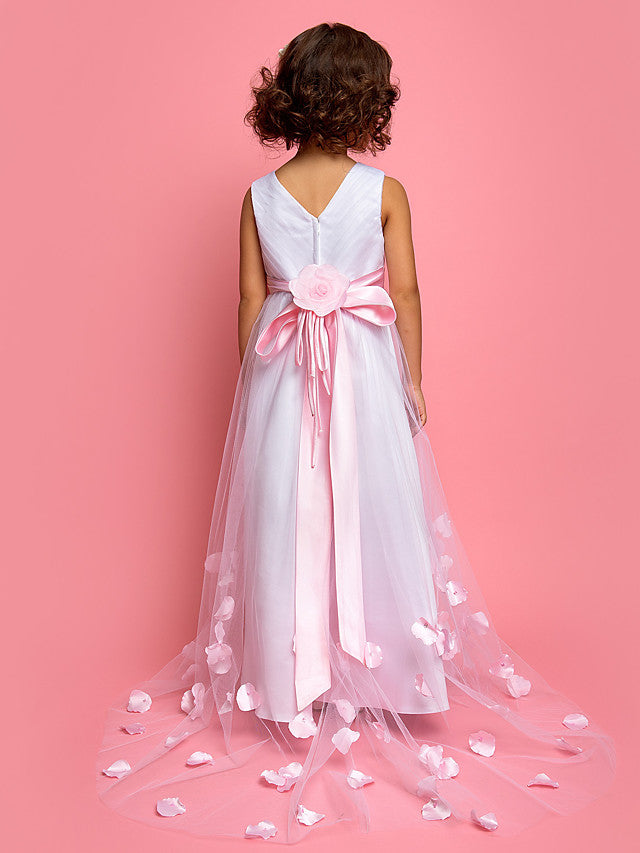 A-Line Satin/Tulle Dress with Bow(s) and Sweep/Brush Train Sleeves