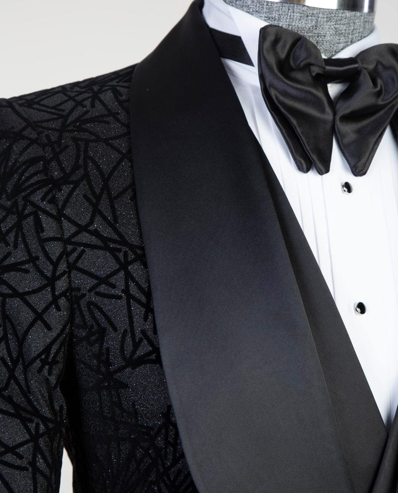 Newest Black Three Pieces Shawl Lapel Jacquard Men Suits by Darren