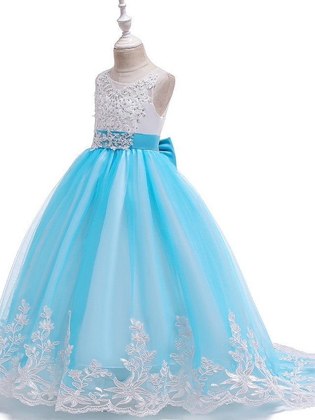 Princess Tulle Sleeveless Jewel Flower Girl Dress with Bow Appliques Beading