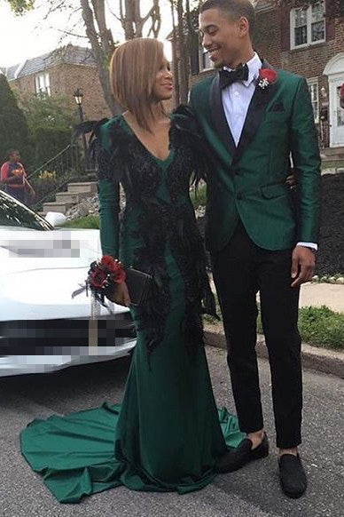Be Stylish in 2022 with Dark Green Prom Attire for Guys Black Satin Lapel
