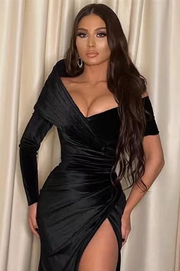 Black Long Sleeves Prom Dress with Mermaid Split Off-The-Shoulder