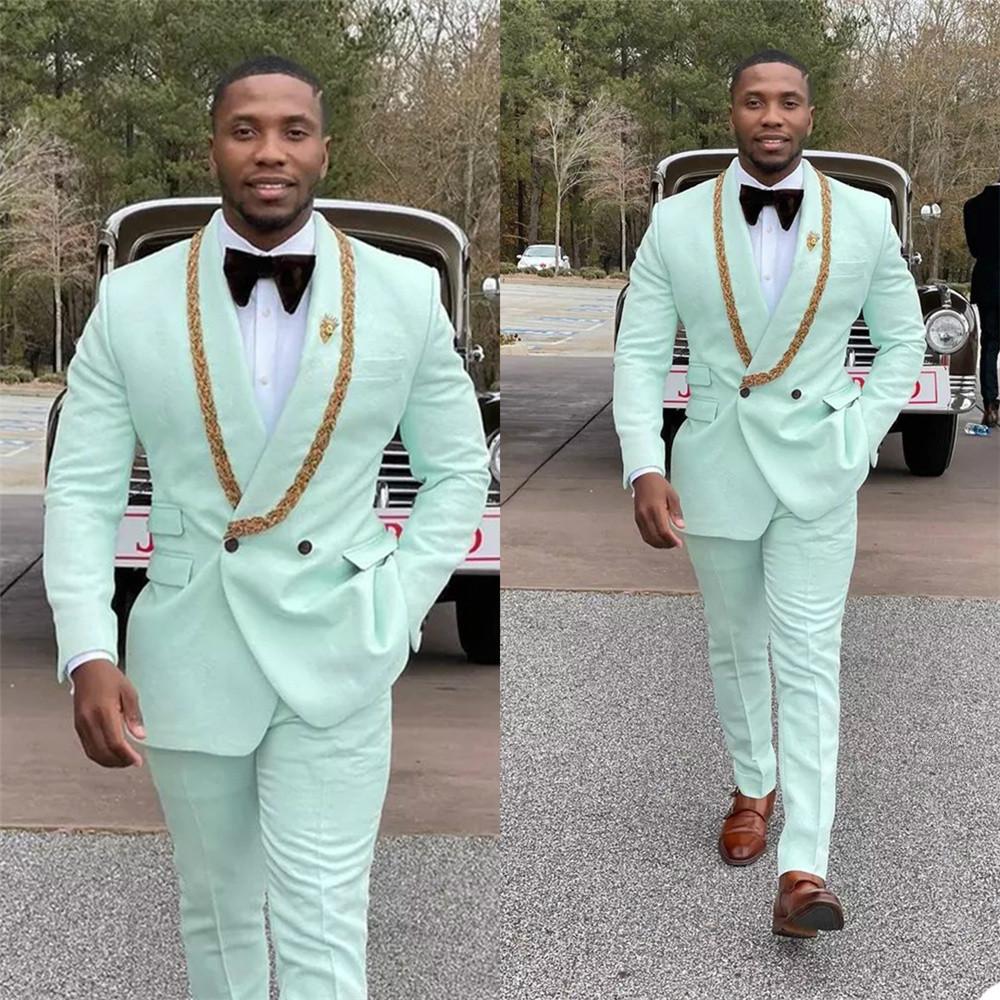 Mint Green Fashion Style Shawl Lapel Double Breasted Wedding Suit with Appliques by Conor