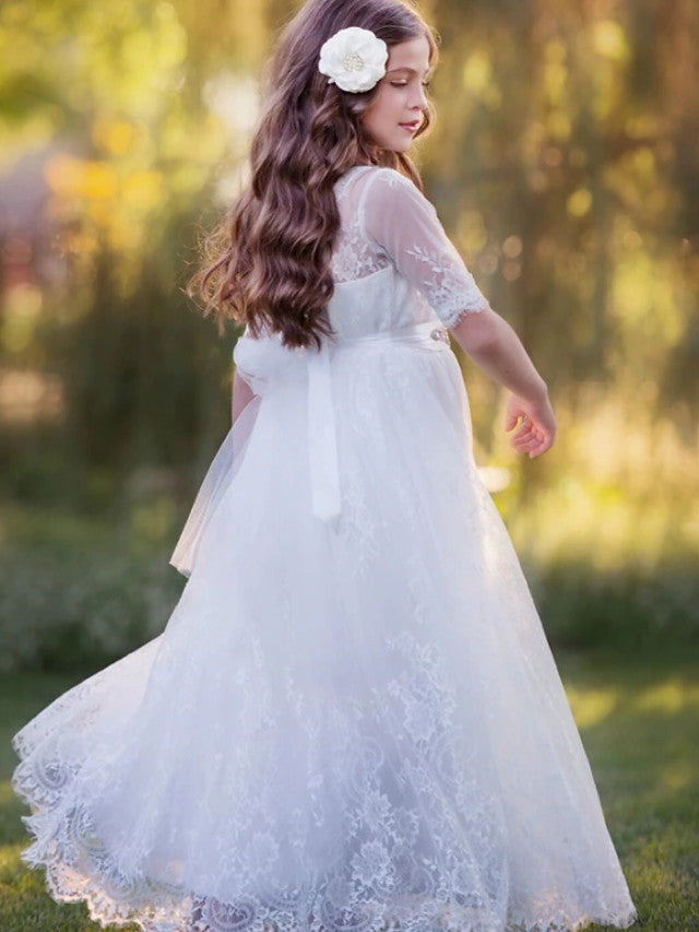 Long Sleeve Jewel A-Line Floor Length Flower Girl Dress