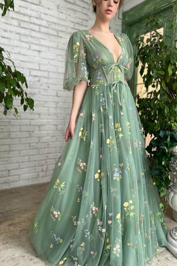 Aqua Evening Dress with Half Sleeves and Embroidery Flowers