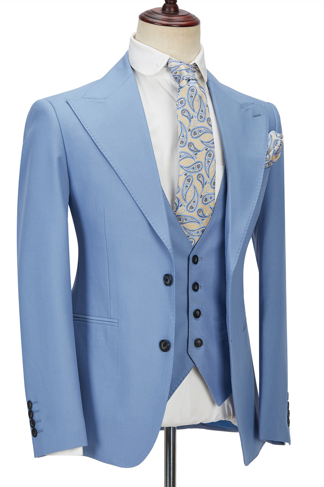Gentle Blue Peak Lapel Men's Suit | 3 Piece Formal Suit without Flap