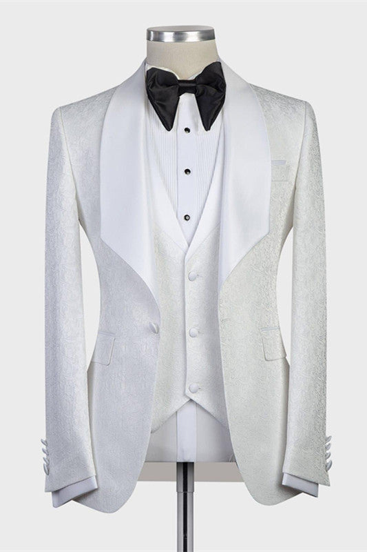 Elegant White Jacquard Shawl Lapel Wedding Tuxedo by