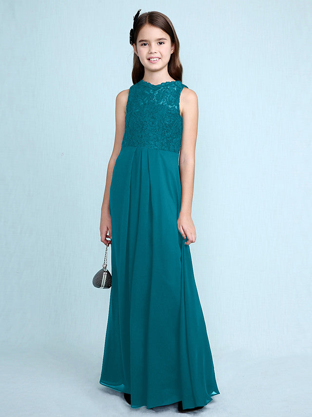 Sheath Column Scoop Neck Floor Length Chiffon & Lace Junior Bridesmaid Dress