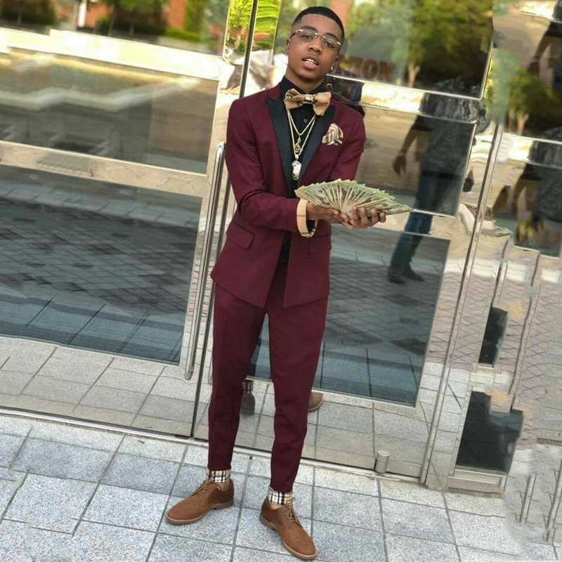 Two-Piece Party Prom Suit for Men - New Arrival Burgundy Black Lapel
