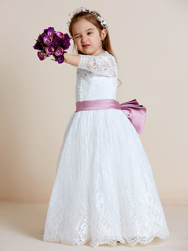 Long Sleeve V Neck Ball Gown with Lace Tulle Ribbon Bow and Lace Sash for Flower Girl Dress